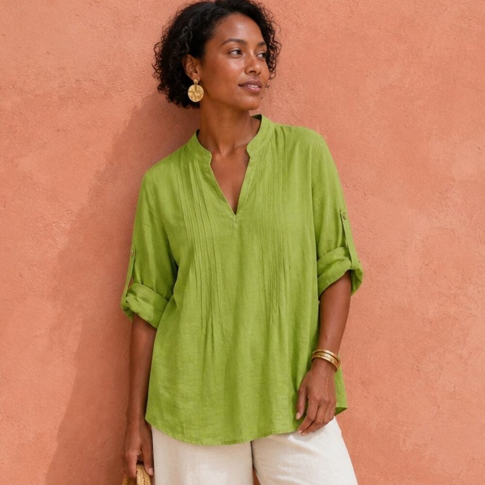 Pure Amici Lime Linen Rayon Tunic S Pintuck Roll Tab Lagenlook Resort Coastal